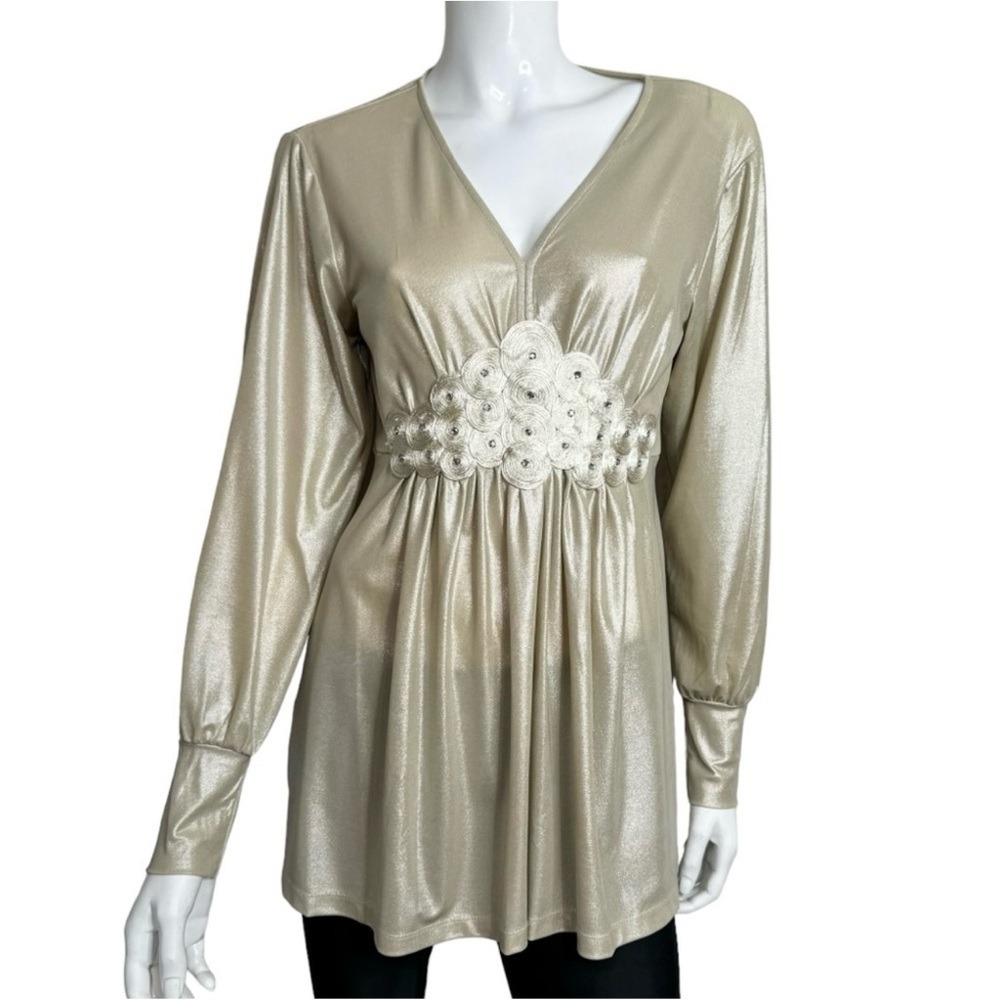 BEIGE bY eci Rhinestones V-Neck Long Sleeve Metallic Beige Blouse - Picture 3 of 6